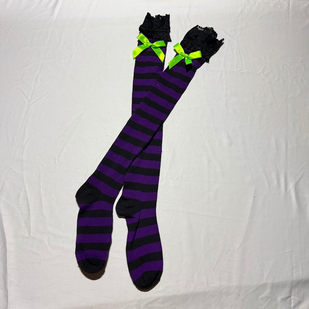 Striped Thigh High Socks Lace Ruffle Lime Green Bow Goth
